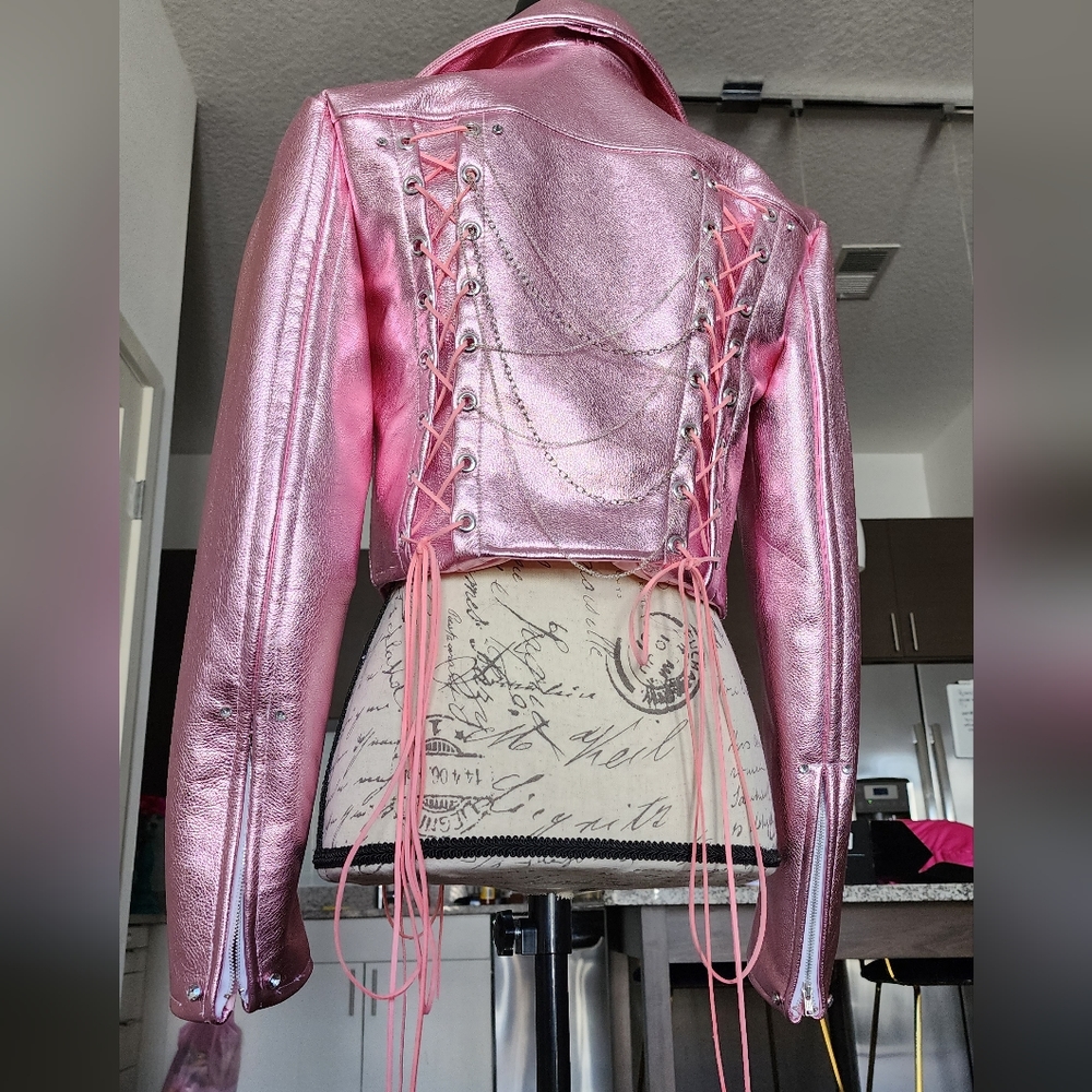 Custom metallic pink leather motorcycle jacket